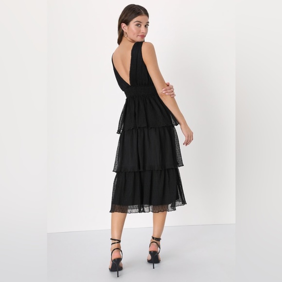 Dreamy Mood Black Textured Swiss Dot Tiered Midi Dress - Lulu’s - Picture 2 of 3